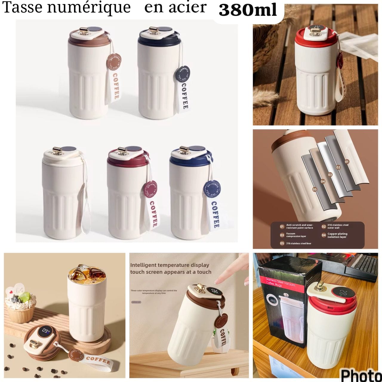 Tasse numérique thermique en acier